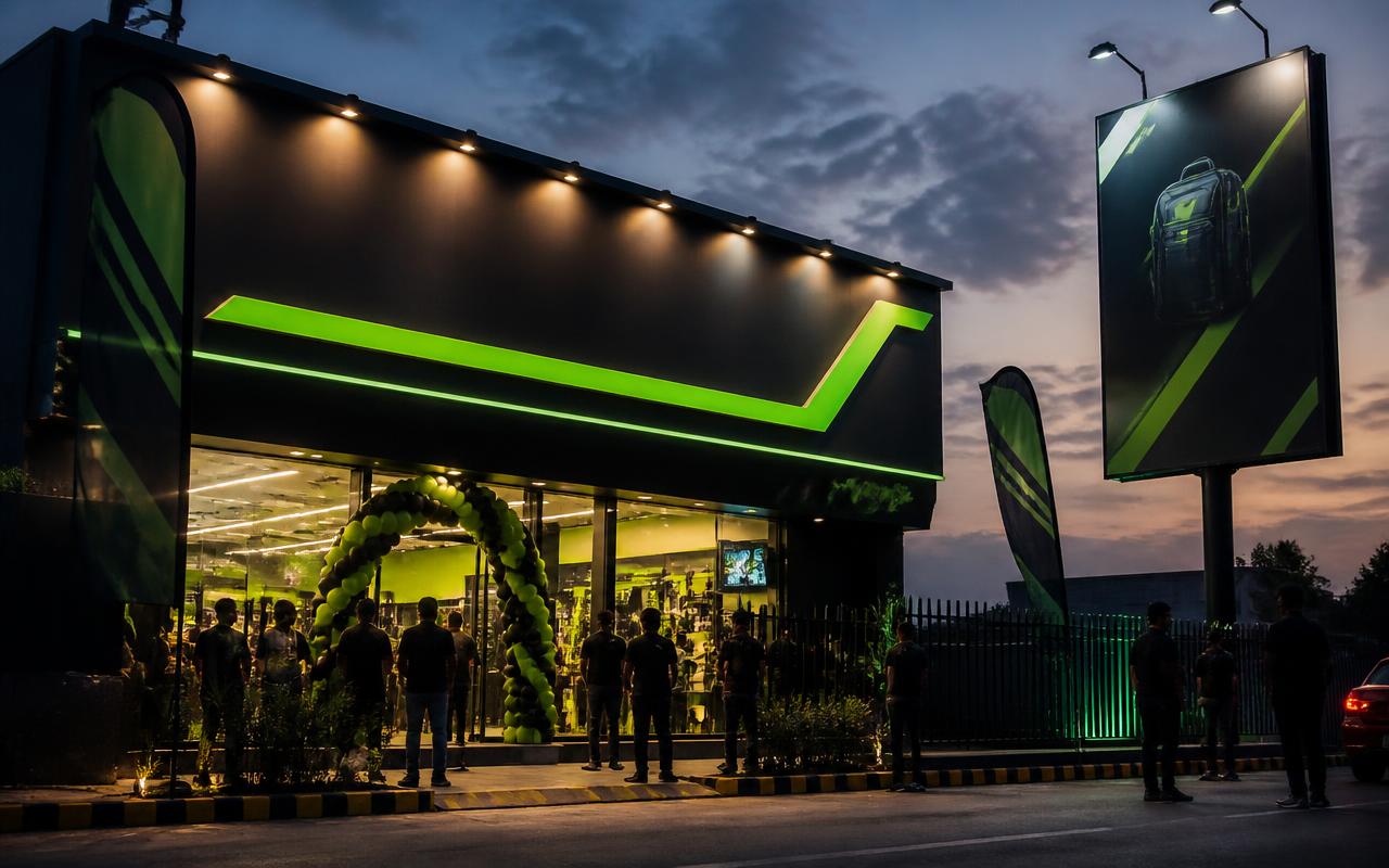 Store launch at dusk with illuminated signage, banners and a roadside billboard