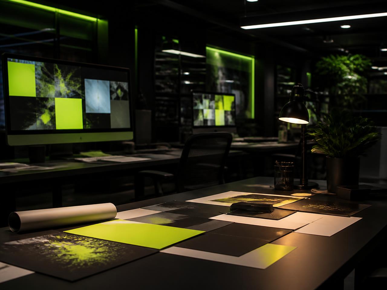 Creative studio desk with campaign layouts and print samples under lime lighting